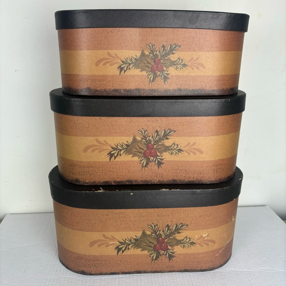 Set of 3-nesting oblong boxes-pine & holly-primitive/rustic decor